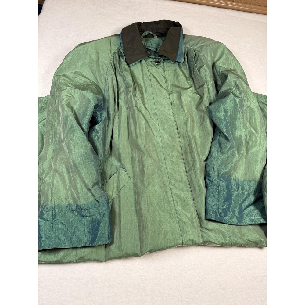Taffeta Coat Womens XL Green Long Overcoat Button Front Lined Made USA